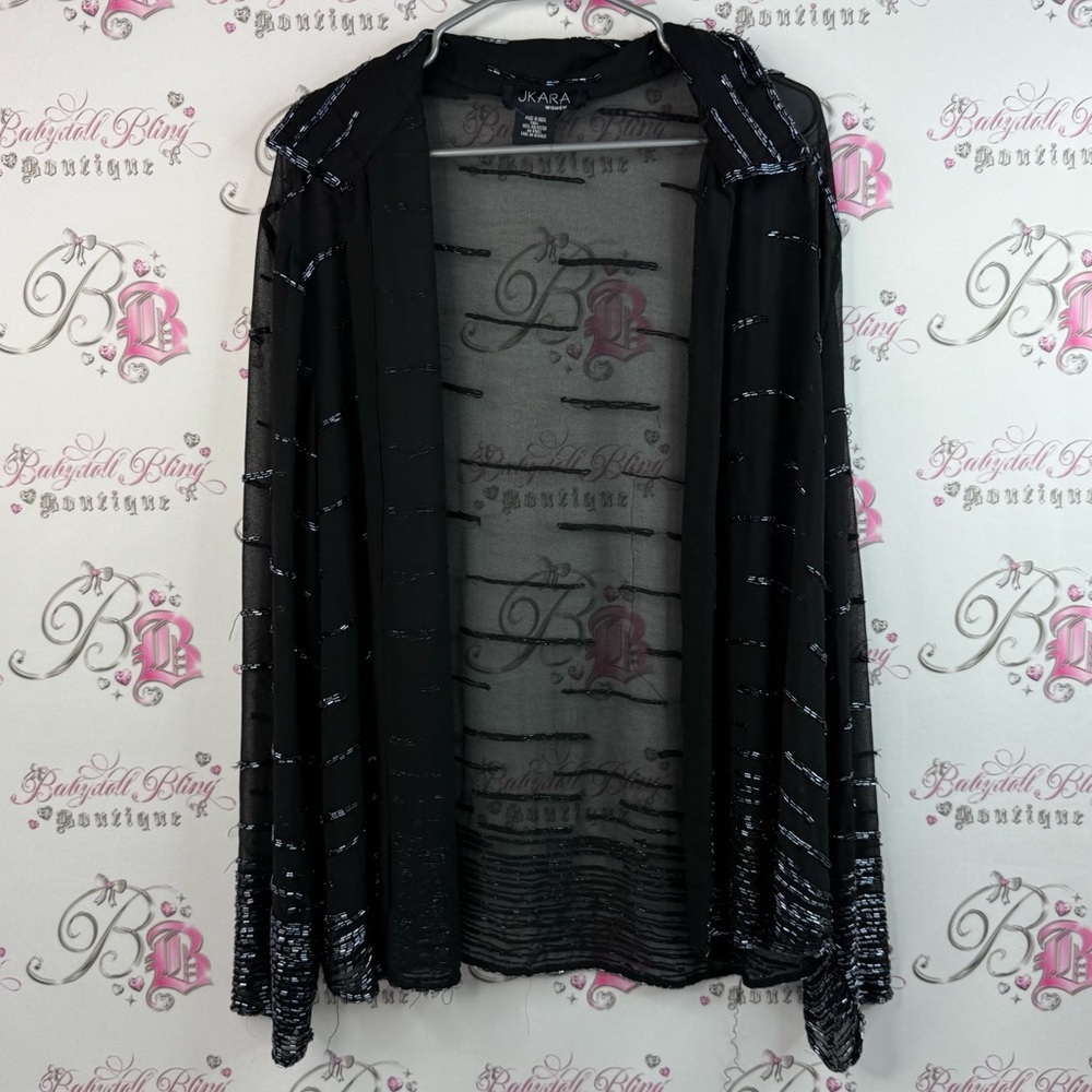 J Kara cardigan beaded embroidery, shiny mesh, Black and Silver Women's Cardigan